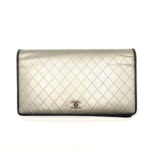 Authentic CHANEL CC Bicolor Silver x Black Leather Bifold Long Wallet EUC